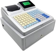 Caixa registradora eletrônica antiga de varejo com teclado numérico e impressora de cupom integrada