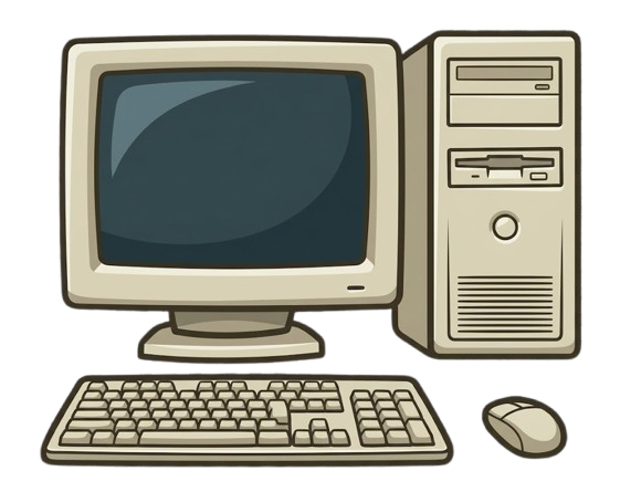 Ilustração isolada de um microcomputador antigo com monitor de tubo e teclado, representando o início da informática comercial