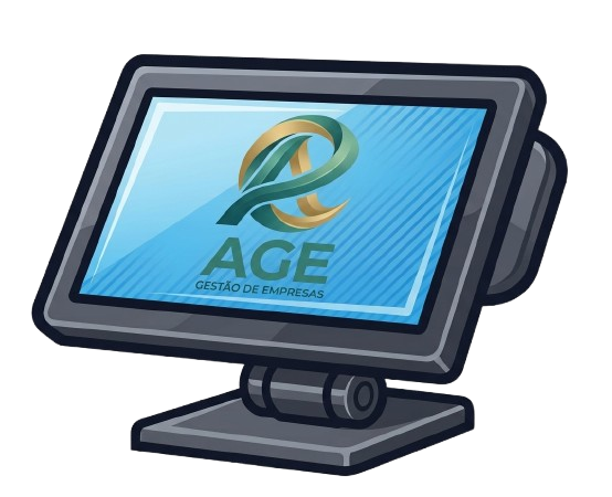 Monitor de computador com fundo transparente exibindo a interface do software de gestão empresarial AGE ERP