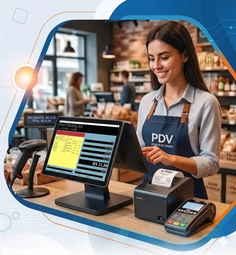 Operadora de caixa realizando venda com leitor de código de barras em frente de caixa automatizada pelo sistema Estruturainfo